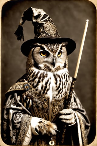 daguerreotype photograph of a Owl wearing a wizard's robe and wizard's hat,  holding a magic wand,  casting a spell,  inspired by The Middle Ages,  medieval art,  elaborate patterns and decoration,  Medievalism,  dagtime,