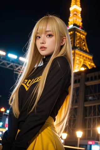 1girl,  long yellow hair, (bangs:1.2),  half body,  showcase,  Tokyo tower,  Night,  low key lighting,  dutch angle,  , FilmGirl, mggirl, Mecha body, dream_girl, xxmixgirl
