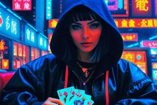 1girl, magician, show a deck of card, ace of spade,aw0k euphoric style,cyberpunk style