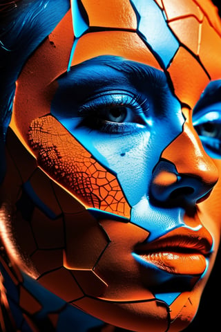 a close up of a person's face on a cracked surface, inspired by Alberto Seveso, featured on zbrush central, orange fire/blue ice duality!, portrait of an android, fractal human silhouette, red realistic 3 d render, blue and orange, subject made of cracked clay, woman, made of lava