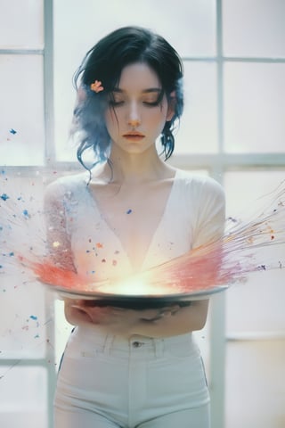 xxmixgirl, magician play magic, downblouse, art by Agnes Cecile,by Jeremy Mann,studio lighting , 35mm ,floating dust,cutegirlmix,xxmix_girl