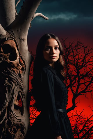 masterpiece, best quality, close up,girl standing under the dead tree, half body,black and red palette, eerie,