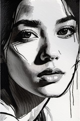 a drawing of a woman, portrait, lookin at the camera, black and white, hints of oil painting style, hints of watercolor style, brush strokes, negative white space, captivating beauty, crisp, sharp, textured collage, layered fibers, post-impressionist, hyper-realism, 