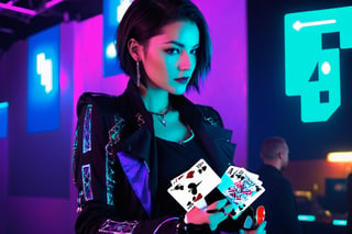 1girl,magician,cyberpunk,show a deck of card, ace of spade,