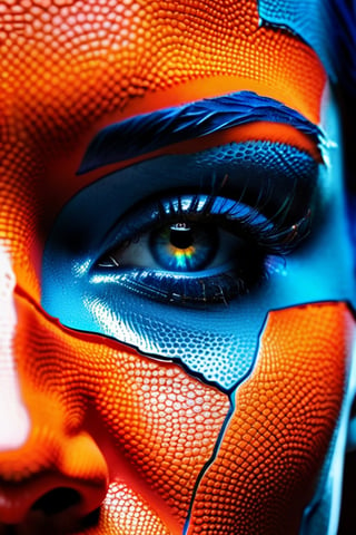 a close up of a person's face on a cracked surface, inspired by Alberto Seveso, featured on zbrush central, orange fire/blue ice duality!, portrait of an android, fractal human silhouette, red realistic 3 d render, blue and orange, subject made of cracked clay, woman, made of lava