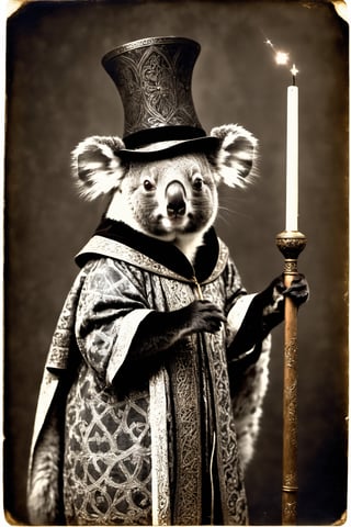 daguerreotype photograph of a koala wearing a wizard's robe and wizard's hat,  holding a magic wand,  casting a spell,  inspired by The Middle Ages,  medieval art,  elaborate patterns and decoration,  Medievalism,  dagtime,