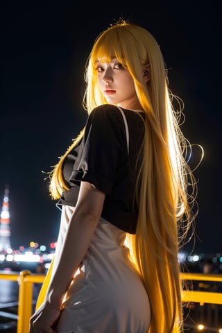 1girl,  long yellow hair, (bangs:1.2),  half body,  showcase,  Tokyo tower,  Night,  low key lighting,  dutch angle,  , FilmGirl, mggirl, Mecha body, dream_girl, xxmixgirl
