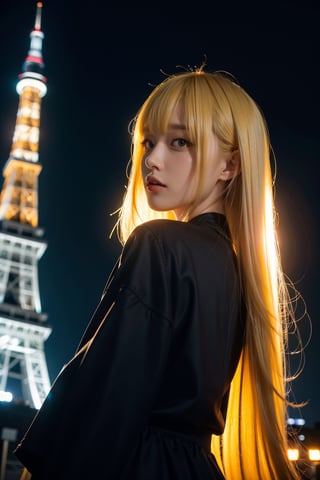 1girl,  long yellow hair, (bangs:1.2),  half body,  showcase,  Tokyo tower,  Night,  low key lighting,  dutch angle,  , FilmGirl, mggirl, Mecha body, dream_girl, xxmixgirl
