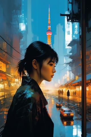 double exposure, blade runner city and  close up face of 1girl, art by Ian McQue,cyberpunk city,Tokyo Tower,