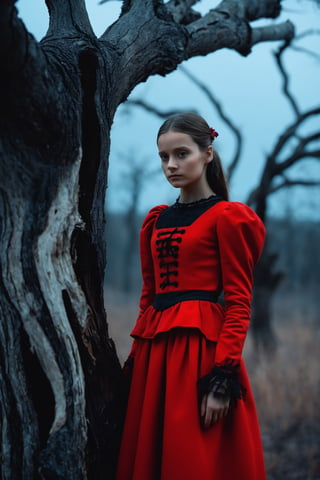masterpiece, best quality, close up,girl standing under the dead tree, half body,black and red palette, eerie,