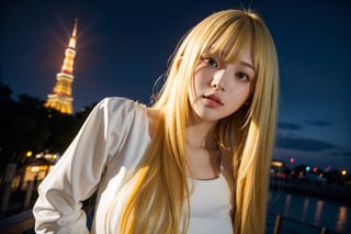 1girl,  long yellow hair, (bangs:1.2),  half body,  showcase,  Tokyo tower,  Night,  low key lighting,  dutch angle,  , FilmGirl, mggirl, Mecha body, dream_girl, xxmixgirl
