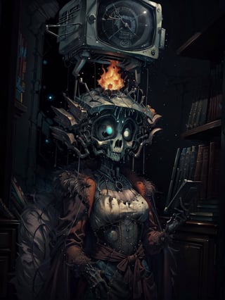 (Exquisite picture), female, black old TV head, close-fitting black suit, thin waist, scary space, background library, floating books, undead, zombies, movie-like composition,HellAI,fire,cart00d