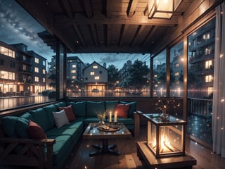 (masterpiece, sharp), (high quality, top quality: 1.5), (no one), (no one, 0 people), ((late night)), ((night)), (((night outside the window))), Dark, home scene, fabric sofa, high-end wooden table, wine bottles on the table, wooden bookcase, scattered items red high heels, complete black plush carpet, yuppie red brick wall, yuppie fashion, industrial style roof, elegant taste , (located in a high-rise building), urban feel, no light, no lights on, beautiful green wooden frame floor-to-ceiling glass windows, wooden floor, complete glass, excellent composition, movie scene, romantic atmosphere, perfect perspective,nj5furry,firefliesfireflies,night sky