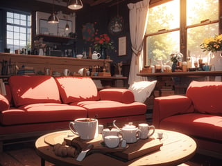 Creative details are a must. Exudes the desired beauty, after eating, empty cup, empty plate, elegant wooden table, beautiful, simple and warm, cozy living room, cinematic composition, perfect light, special perspective