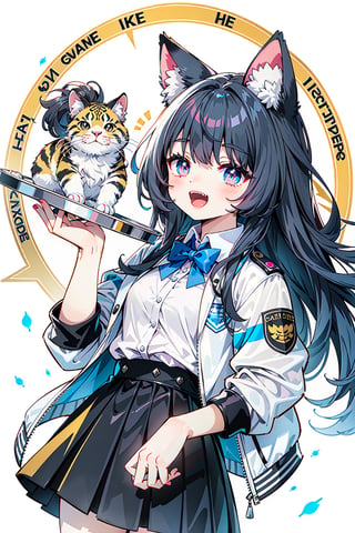 (Masterpiece, best quality, high resolution: 1.3), super resolution image, beautiful hands, perfect anatomy, human, single, 1 person, 16 year old female, furry, animals, cat, cat girl, pink Tender skin, human hands, cat tail, cat ears, sharp, handsome, aggressive, naughty, fangs, tall, ((black hair)), proud, parted in the middle, medium long hair, golden eyes, ((dark) Pupils)), A cup, thin waist, female, ((white shirt)), ((student uniform) )), ((uniform jacket)), (student skirt), white background, ((Holding rabbit Tiantian circle)),FurryCore,nj5furry
