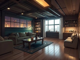 (Masterpiece), (High Quality, Top Quality: 1.5), (No One), (No One, 0 People), ((Late Night)), ((Night)), Home Scene, Fabric Sofa, High-end Wooden Table , wine bottles on the table, wooden bookcases, scattered items red high heels, complete black plush carpet, white marble floor tiles, yuppie red brick walls, yuppie fashion, elegant taste, (located in a high-rise building), urban feel, no light, no Turn on the lights, beautiful green wooden framed floor-to-ceiling glass windows, reflective flooring, full glass, excellent composition, movie set, romantic atmosphere, perfect,ninjascroll,yofukashi background,room2,firefliesfireflies,breakdomain