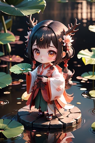 Guofeng_blindbox, Best quality, masterpiece, 1 meo beauty chibi🦌😉girl, solo, blindbox 3D character, a Chinese girl in white Hanfu,Standing in the lotus leaf, set in a Chinese-style scene, brigde, ((lotus)), reflection, blue sky,  