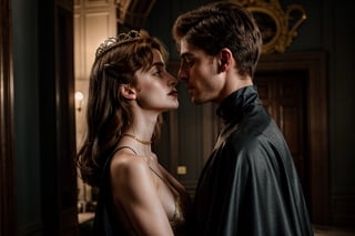 hyper-realistic, Jessica Chastain and Natalia Dyer, wearing a flowing black royal dress with gold trim, plunging neckline, wearing a long flowing black cape, wearing an intricate royal crown, kissing eachother, in a castle, stern facial expression, kubrick stare, holding a scepter, pressing bodies against eachother, orgasm face, sex, lesbian, love, caressing, undressing eachother,