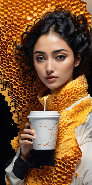 black and light orange colors, (((A degrated and burnt photo imatge))) of a stunningly digital work of an inverted honey comb pattern silhouette of a hiperrealistic and detailed Golshifteh Farahani with a steamy paper cup of coffee in her hand , 3d render, illustration, paintingv0.1, architecture, poster, typography, photo, 3d render, portrait photography,3D MODEL