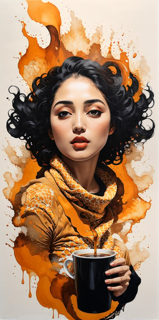 black and light orange colors, (((A degrated and burnt photo imatge))) of an inverted honey comb pattern silhouette of a hyperrealistic and detailed Golshifteh Farahani with a steamy paper cup of coffee in her hand, her mouth is open pouring out coffee into the coffee cup , illustration, paintingv0.1, architecture, poster, , portrait photography,