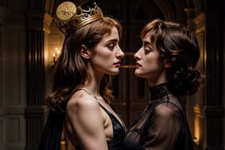 hyper-realistic, Jessica Chastain and Natalia Dyer, wearing a flowing black royal dress with gold trim, plunging neckline, wearing a long flowing black cape, wearing an intricate royal crown, kissing eachother, in a castle, stern facial expression, kubrick stare, holding a scepter, pressing bodies against eachother, orgasm face, sex, lesbian, love, caressing, undressing eachother,