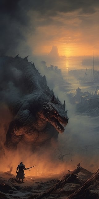 dark fantasy art style,  knight fighting a giant fantasy dragon, burned village in background, highly detailed, morning dawn, (mystical dense fog), oil and watercolor painting, epic scene, (dense smoke by Kim Keever), dark, moody, dark fantasy in style of Frank Frazetta, Bosstyle, , ,sci-fi,Movie Still