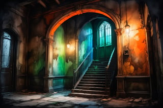 a ruined building entrance with twin stairs on both sides, grungy interior, orange light bulb, green, red and blue colors saturated and cinematic lighting, gothic ink style,painting with water colors,watercolor, black ink lines