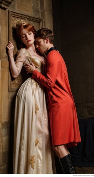 hyper-realistic, Jessica Chastain and Natalia Dyer, wearing a flowing black royal dress with gold trim, plunging neckline, wearing a long flowing black cape, wearing an intricate royal crown, kissing eachother, in a castle, stern facial expression, kubrick stare, holding a scepter, pressing bodies against eachother, orgasm face, sex, lesbian, love, caressing, undressing eachother,