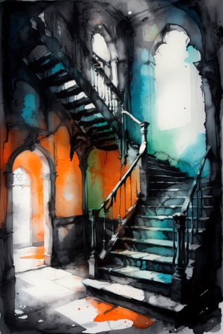 a ruined building with stairs sitting  haunted house interior, orange for lights, green and blue colors saturated and cinematic lighting, gothic ink style,painting with water colors,watercolor, black ink lines