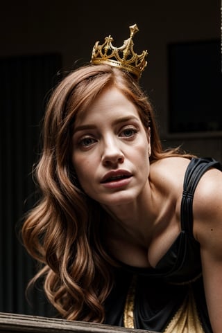 hyper-realistic, Jessica Chastain and Natalia Dyer, wearing a flowing black royal dress with gold trim, plunging neckline, wearing a long flowing black cape, wearing an intricate royal crown, kissing eachother, in a castle, stern facial expression, kubrick stare, holding a scepter, pressing bodies against eachother, orgasm face, sex, lesbian, love, caressing, undressing eachother,