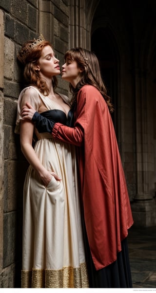 hyper-realistic, Jessica Chastain and Natalia Dyer, wearing a flowing black royal dress with gold trim, plunging neckline, wearing a long flowing black cape, wearing an intricate royal crown, kissing eachother, in a castle, stern facial expression, kubrick stare, holding a scepter, pressing bodies against eachother, orgasm face, sex, lesbian, love, caressing, undressing eachother,