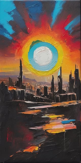  
high above in the sky image of a small sun with a black hand over shadows sun the sun, a rainbow of colors surrond the sky into the black canvas sky, sun overlooking the shadow of a ruined city


traces of a wide dry brush, oil paint, high-energy, Acrylic painting abstract illustration, dark fantasy art. vibrant colors, dynamic compositions combined with geometric shapes. vibrant colors and  ,  