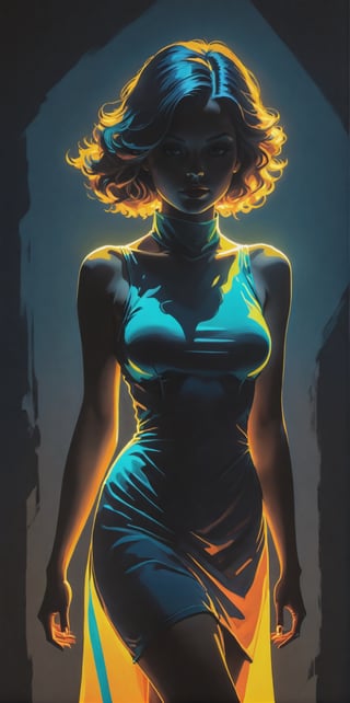 Silhouette of woman , neon light dress illuminates her body in shadow, in the style of coloring book comic, upper body covered in dark shadows, full body, raw hand drawn style, cinematic, photo,(best quality