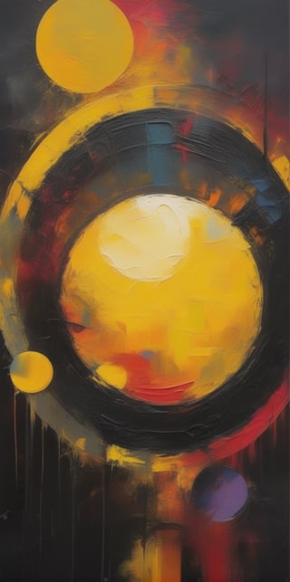  traces of a wide dry brush, oil paint, high-energy, dark gothic Acrylic painting abstract illustration, dark fantasy art. vibrant colors, dynamic compositions combined with geometric shapes. vibrant colors and  , back ground shows  a gaint sun during a  eclipse, yellow sun with black circle in the middle,  vibrant colors illuminate  the sky from black canvas