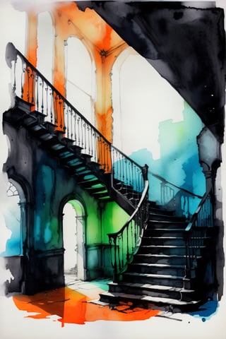 a ruined building with stairs sitting  haunted house interior, orange for lights, green and blue colors saturated and cinematic lighting, gothic ink style,painting with water colors,watercolor, black ink lines