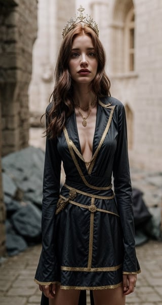 hyper-realistic, Jessica Chastain and Natalia Dyer, wearing a flowing black royal dress with gold trim, plunging neckline, wearing a long flowing black cape, wearing an intricate royal crown, kissing eachother, in a castle, stern facial expression, kubrick stare, holding a scepter, pressing bodies against eachother, orgasm face, sex, lesbian, love, caressing, undressing eachother,