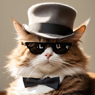 (masterpiece, best quality, highres:1.3), ultra resolution image, (solo), (cat:1.5), smug, confident, simple background, sunglasses, portrait, fluffy, cute,cat, no human,IncrsXLDealWithIt, playful, gentlemen hat, mischief, gentlemen suit,