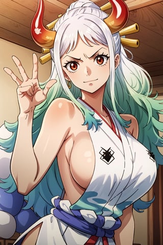 (masterpiece), yamato one piece, seducing viewer, large breasts, sleeveless white kimono, curled horns, lewd pose, seductive_pose, sideboobs,yamato\(one piece\),multicolored hair,YamatoV2,white hair,yamato,One piece style,green hair, oni horn, oni horn ,colored horn,long hair,red eyes