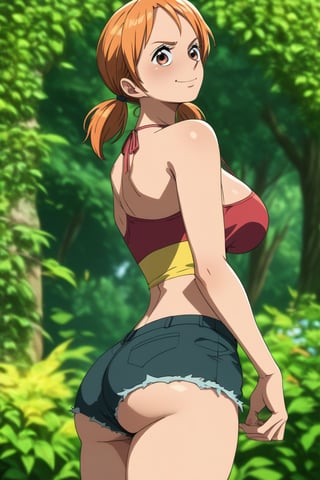 score_9, score_8_up, score_7_up, score_6_up, score_5_up, score_4_up, BREAK, source_anime,,nami-v1,twintails,midriff,shorts, large breasts, sexy, lewd, nsfw,seducing viewer, butt_cheeks, from behind,buttocks,light smile, scantily_clad