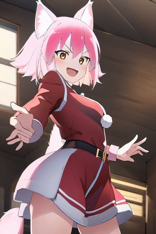girl, perfect, clear, front view, front view, hair, headband, one side up, bob cut, medium breasts, 1 girl, high level of detail, Santa Claus, short hair, Santa Claus costume, sntdrs, Santa Christmas, girl, happy, smiling, pink wolf ears