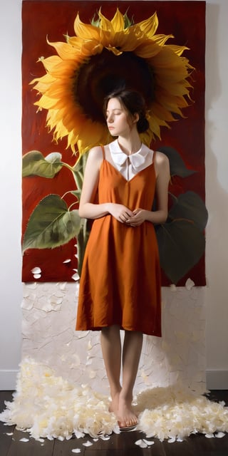 Create an artwork features a young girl standing to the left, rendered in a realistic style with a somber, contemplative expression. Her hair is tousled, and her gaze is directed away from the viewer, seemingly lost in thought. She is dressed in a rustic, burnt orange dress with a white collar, and holds a red book tightly against her side. One foot is slightly forward, emphasizing her barefoot stance on a dark wooden floor scattered with white petals or papers. Behind her is a backdrop of large, meticulously sketched sunflowers on a textured white canvas, contrasting with the bold, red wall to her right. The interplay of vivid colors and detailed pencil work creates a poignant image that is both striking and introspective.