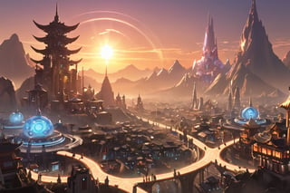 Artwork of a futuristic fantasy village, epic sunrise, epic lights,ff14bg, oriental style