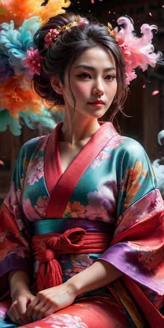 High quality, realistic, highly detailed CG unified 8k wallpaper, very detailed, high definition raw color photo, (photorealistic:1.5), beautiful young girl, super beautiful detailed face, (fine face:1.2), beautiful detailed woman in kimono made of seven colors of cotton candy, fluffy vibrant colored kimono, pink, blue, green, yellow, purple, orange, red color blending seamlessly from one color to the next, (slightly open mouth, sexy look), (beautiful breasts), (whole body slender:1.2), sitting cross-legged, sitting in beautiful sitting position, beautiful curves, (no bra:1.5), (super stylish kimono:1.5), (expensive kimono:1.5), (red kimono), voluptuous mature woman, seductive, super stylish lighting, color splash, colorful,