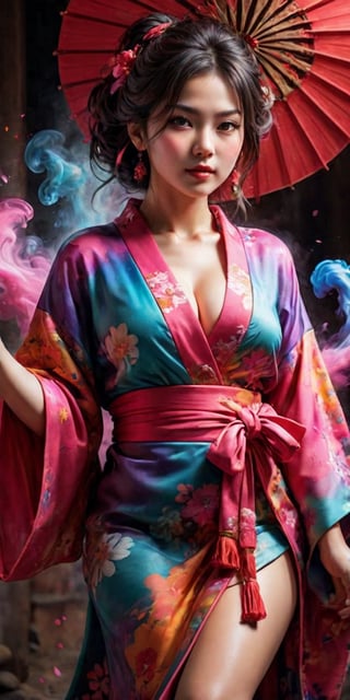 High quality, realistic, highly detailed CG unified 8k wallpaper, very detailed, high definition raw color photo, (photorealistic:1.5), beautiful young girl, super beautiful detailed face, bewitching, sexy, erotic, (fine face:1.2), cowboy shot, kimono made of seven colors of cotton candy, fluffy vibrant colored kimono, pink, blue, green, yellow, purple, orange, red color blending seamlessly from one color to the next, beautiful detailed woman, (slightly open mouth, sexy look), (beautiful breasts), (whole body slender:1.2), sitting sideways, sitting in beautiful sitting position, beautiful curves, (no bra:1.5), exposed cleavage, bare shoulders, (super stylish kimono:1.5), (expensive kimono:1.5), (red kimono), voluptuous mature woman, bewitching in her teens, Super stylish lighting, ((Color Splash)), ((Colorful)), ((Fluffy Color Smoke)),