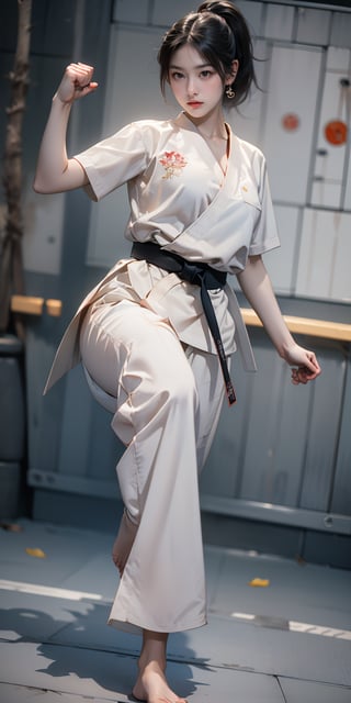 (highest quality, 8K, 32K, masterpiece, UHD:1.2), cute japanese woman photo, (photorealistic:1.2), (sharp focus), 1girl, female fighter, (girl doing karate in karate costume), cowboy shot, uneven skin, real skin, karate costume, black belt, barefoot, tall ponytail, black hair, beautiful face, detailed and perfect face, perfect proportions, huge breasts, cleavage, no bra, thin waist, wide hips, (karate dynamic pose:1.5), (dynamic angle:1.3), ((tense air, tension,)), wide karate dojo,