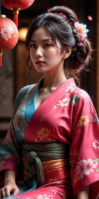 High quality, realistic, highly detailed CG unified 8k wallpaper, very detailed, high definition raw color photo, (photorealistic:1.5), beautiful young girl, super beautiful detailed face, bewitching, sexy, erotic, (fine face:1.2), cowboy shot, kimono made of seven colors of cotton candy, fluffy vibrant colored kimono, pink, blue, green, yellow, purple, orange, red color blending seamlessly from one color to the next, beautiful detailed woman, (slightly open mouth, sexy look), (beautiful breasts), (whole body slim:1.2), sitting sideways, sitting in beautiful sitting position, beautiful curves, (no bra:1.5), exposed cleavage, bare shoulders, (super stylish kimono:1.5), (expensive kimono:1.5), (red kimono), voluptuous mature woman, bewitching, super stylish lighting, color splash, colorful,