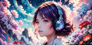 fine art,  oil painting, amazing sky,
.
 1girl,detailed face,princess,taoist,flower, Lisianthus ,in the style of light pink and light azure, dreamy and romantic compositions, pale pink, ethereal foliage, playful arrangements,fantasy, high contrast, ink strokes, explosions, over exposure, purple and red tone impression , wearing headset, listening music
.
Makoto shinkai style, 2d, flat, cute, adorable, vintage, art on a cracked paper, fairytale, storybook detailed illustration, cinematic, ultra highly detailed, tiny details, beautiful details, mystical, vibrant colors, complex background,more detail XL,girl,lofi