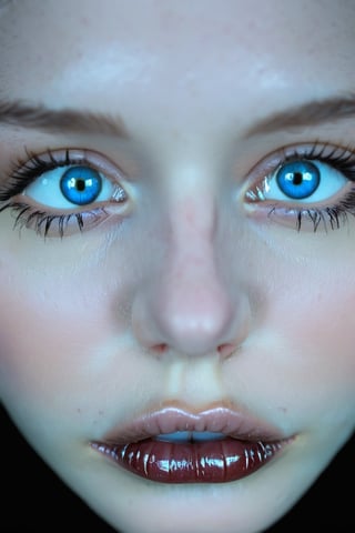 RAW photo of a womans face with blue (large eyes:1.9) (small nose:-1.5) (big lips:2.7) | gothic styling