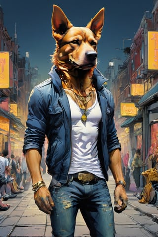 anthro (dog:1.1) merge (man:0.9) combo | wearing casual urban wear | urban setting | [no human skin:1.3], elegant, highly detailed, dramatic cinematic light, sharp focus, beautiful, divine holy, scenic, handsome, depicted, intricate, illuminated, professional, extremely, stunning, wonderful, attractive, best