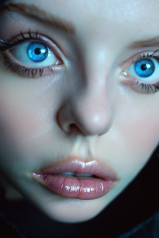 RAW photo of a womans face with blue (large eyes:1.9) (small nose:-1.5) (big lips:2.7) | gothic styling